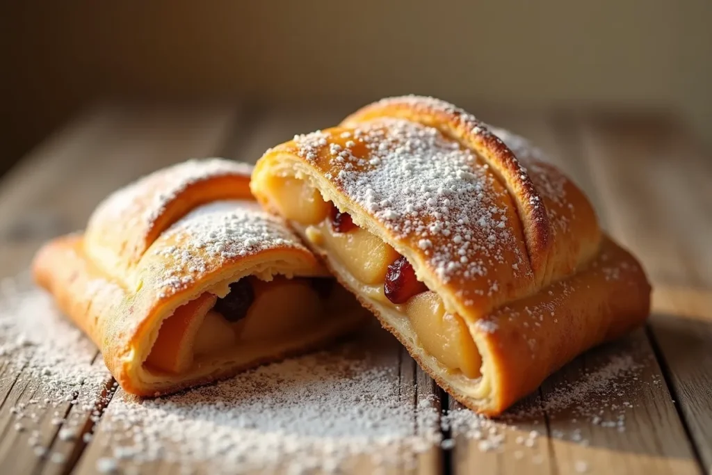 Freshly baked German apple strudel on a rustic wooden table