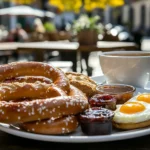 Breakfast platter with eggs, pretzels, and fruit at a café in Aschaffenburg