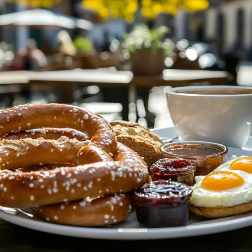 Breakfast platter with eggs, pretzels, and fruit at a café in Aschaffenburg