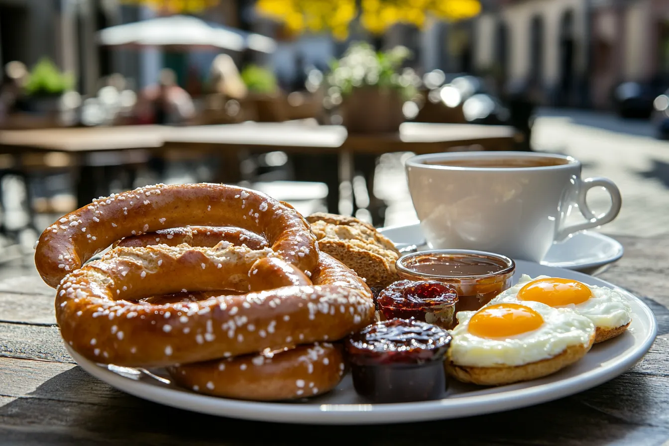 Breakfast platter with eggs, pretzels, and fruit at a café in Aschaffenburg