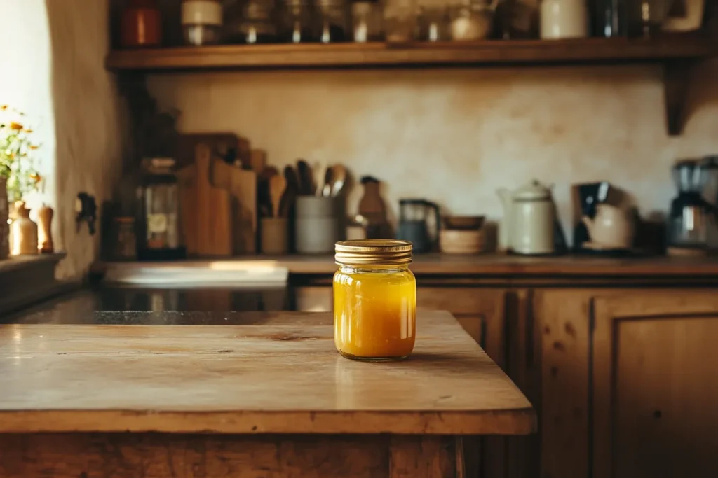 A vintage kitchen with beef tallow in a jar