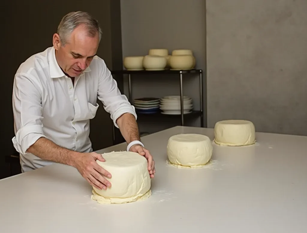 Käsemeister bei der Herstellung von Mozzarella