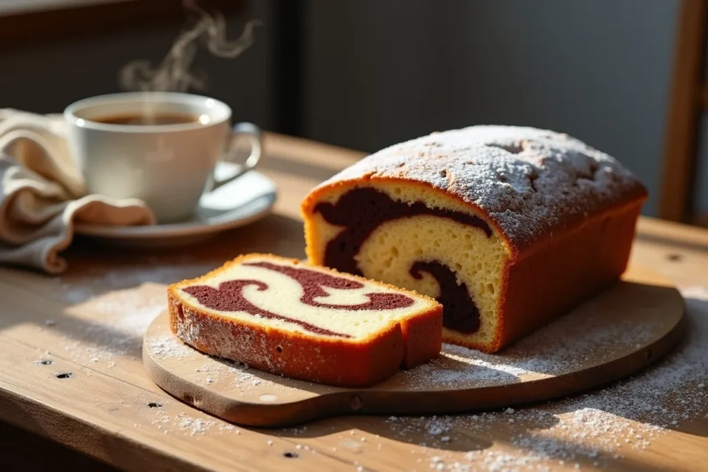 Frisch gebackener Marmorkuchen auf rustikalem Holztisch