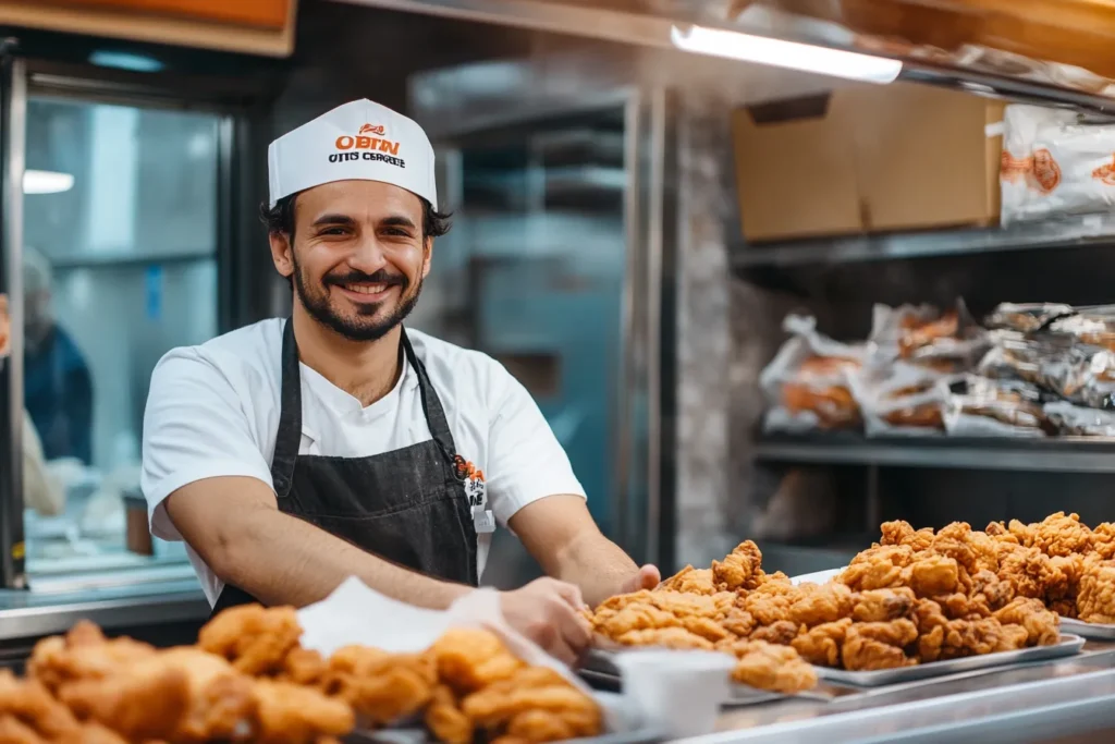 Small business owner at a fried chicken restaurant counter