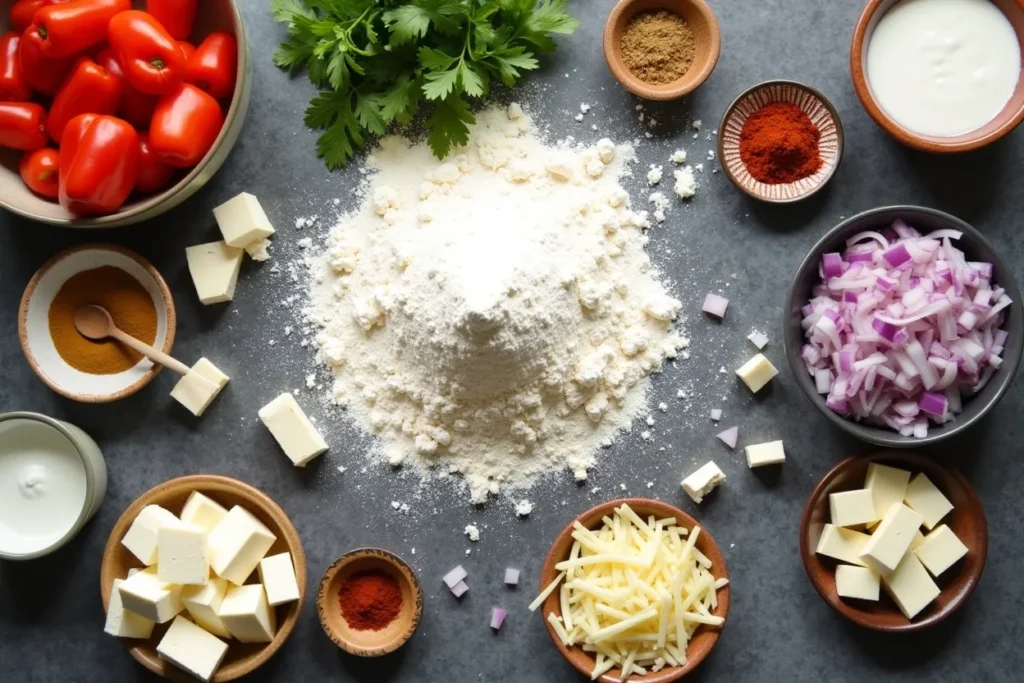 Zutaten für die Zubereitung einer Cheese Burst Pizza auf einem Tisch