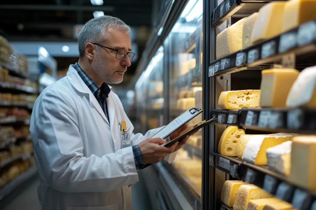 German food inspector examining cheese with clipboard in a supermarket