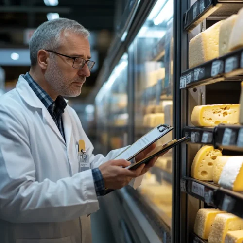 German food inspector examining cheese with clipboard in a supermarket