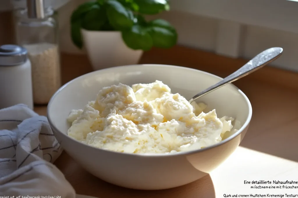 Frische Schüssel Hüttenkäse mit Quark und Sahne
