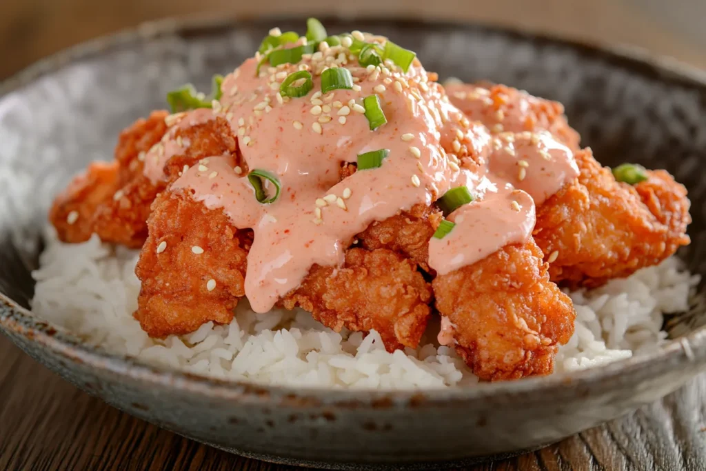 Teller mit knusprigem Yum Yum Chicken und Sauce