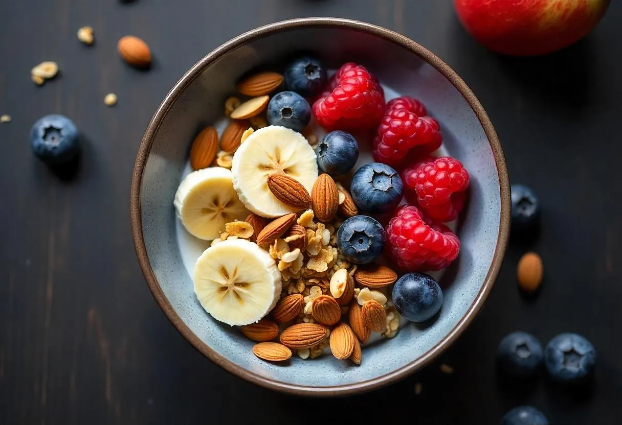 Basisches Frühstück mit Müsli, Beeren und Erdmandeln