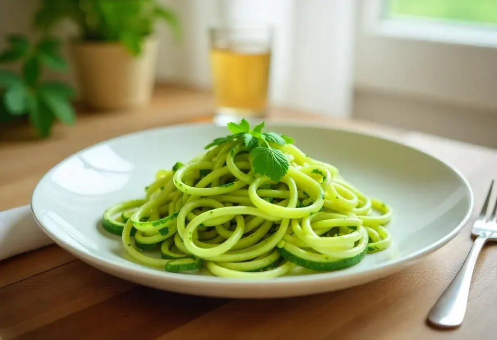 Zucchini-Spaghetti mit Avocado-Basilikum-Pesto