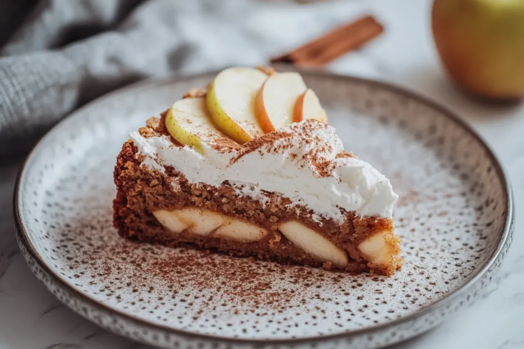 Veganer Apfelkuchen auf Teller mit veganer Sahne