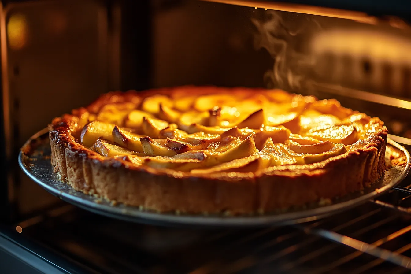 Apfelkuchen im Backprozess im Ofen mit goldbrauner Oberfläche