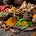 Traditionelle Ayurveda Gewürze und Zutaten