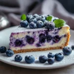 Stück Blueberry Cheesecake Cake auf weißem Teller mit frischen Blaubeeren