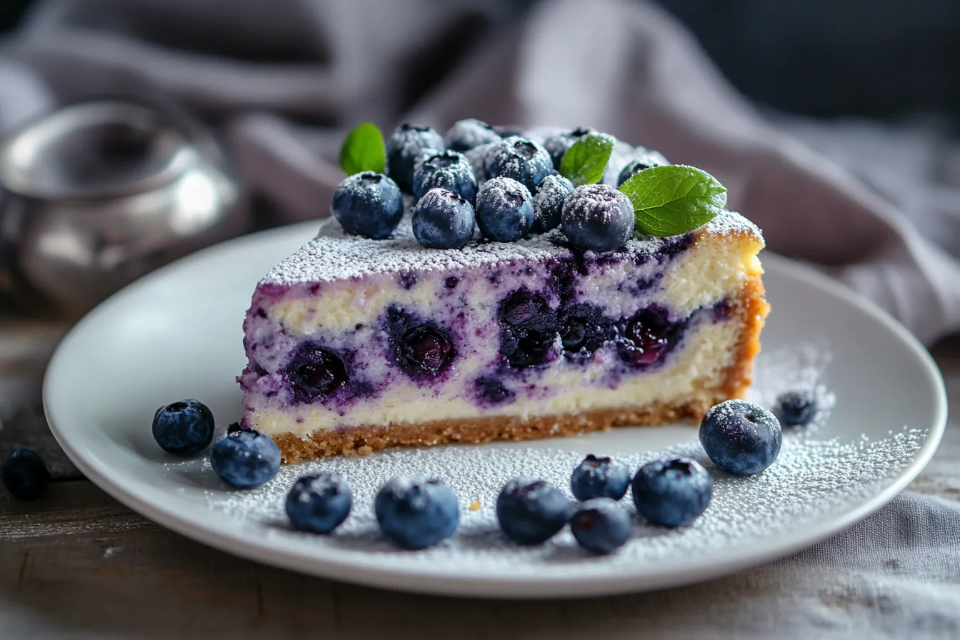Stück Blueberry Cheesecake Cake auf weißem Teller mit frischen Blaubeeren