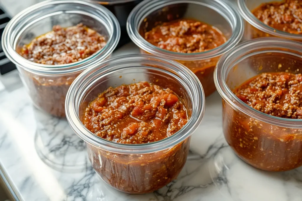 Eingefrorene Bolognese Sauce in Vorratsbehältern