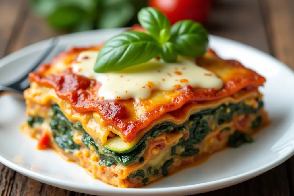 Vegetarische Lasagne mit Zucchini und Tomaten frisch serviert