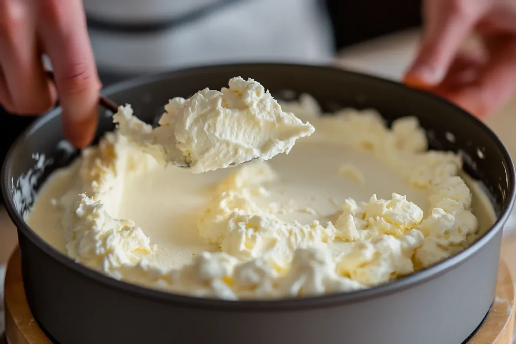 Cheesecake-Schicht wird auf Teigboden gegossen