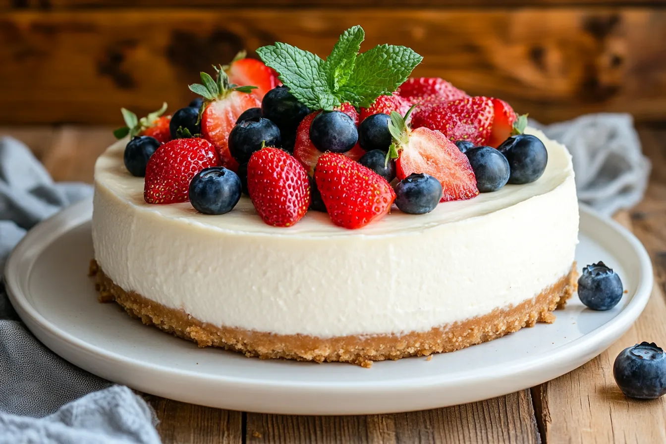 No Bake Cheesecake auf einem weißen Teller mit Beeren dekoriert