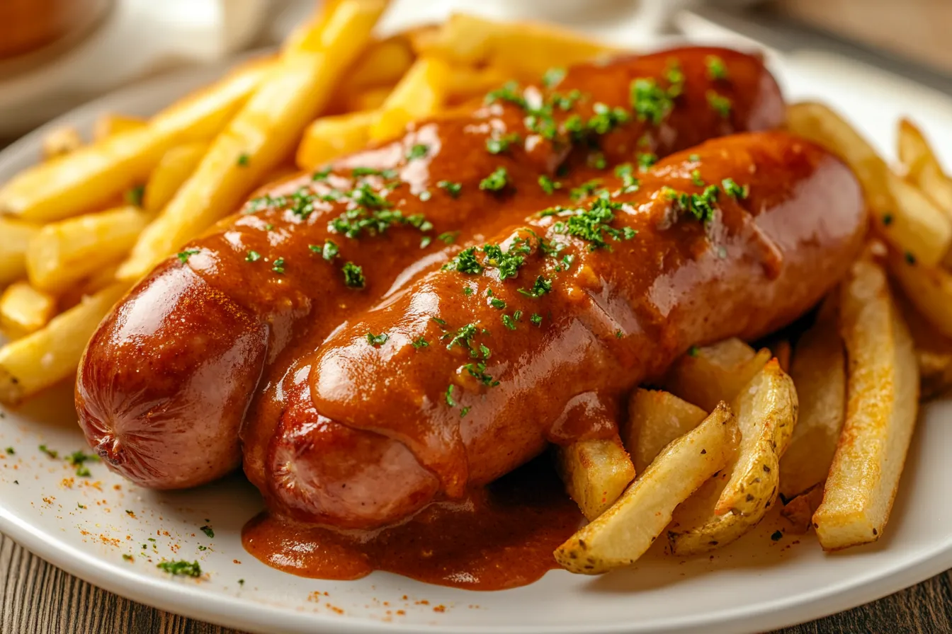 Traditionelle deutsche Currywurst mit Soße und Pommes