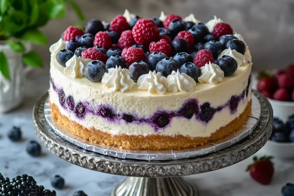 Fertig gebackener Blueberry Cheesecake Cake mit Sahnetuffs