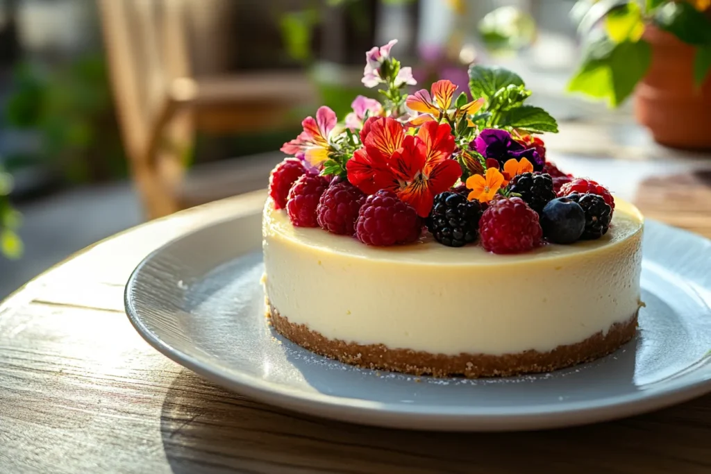 Sommerliche Käsekuchen-Dekoration mit essbaren Blüten