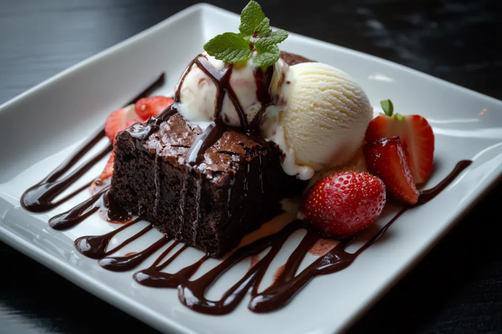 Brownie mit Vanilleeis und Früchten serviert