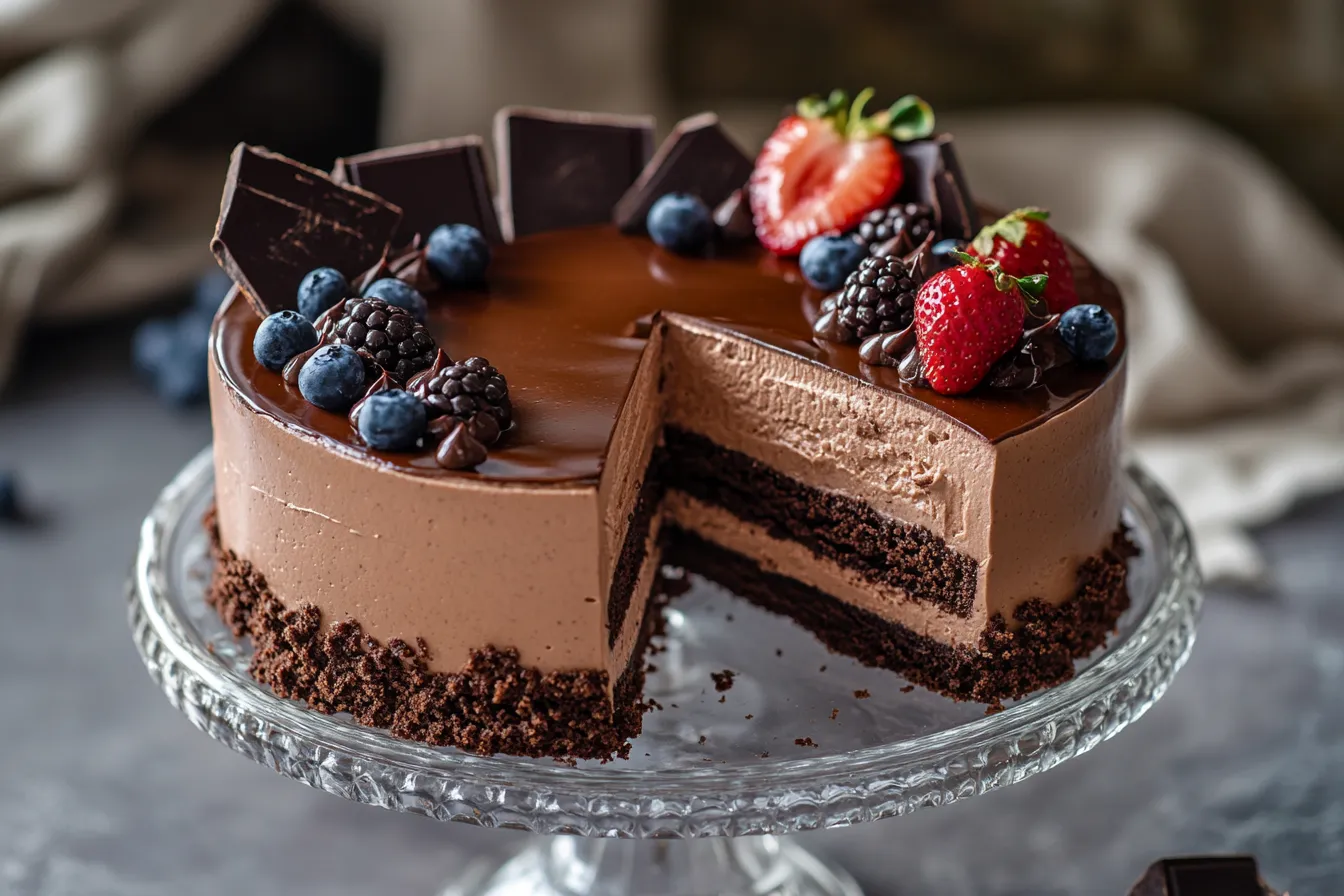 Ganze Mousse Torte auf Tortenplatte mit Anschnitt