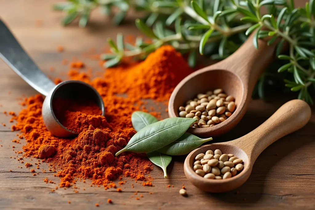 Gewürze wie Paprika, Kümmel und Lorbeer auf einem Holzbrett