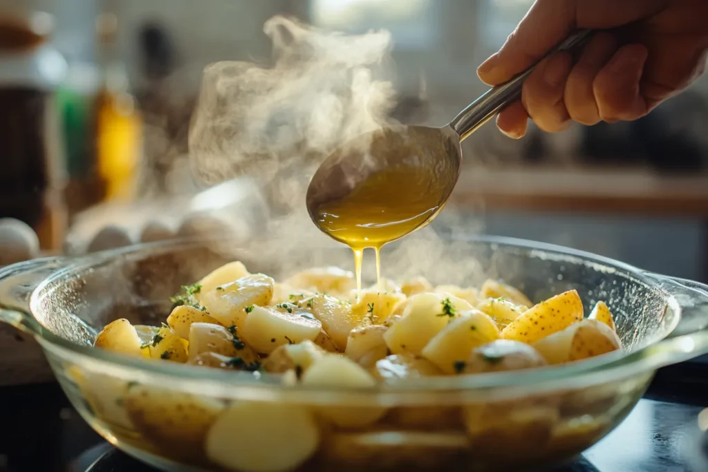 Warme Kartoffelscheiben werden mit Dressing übergossen
