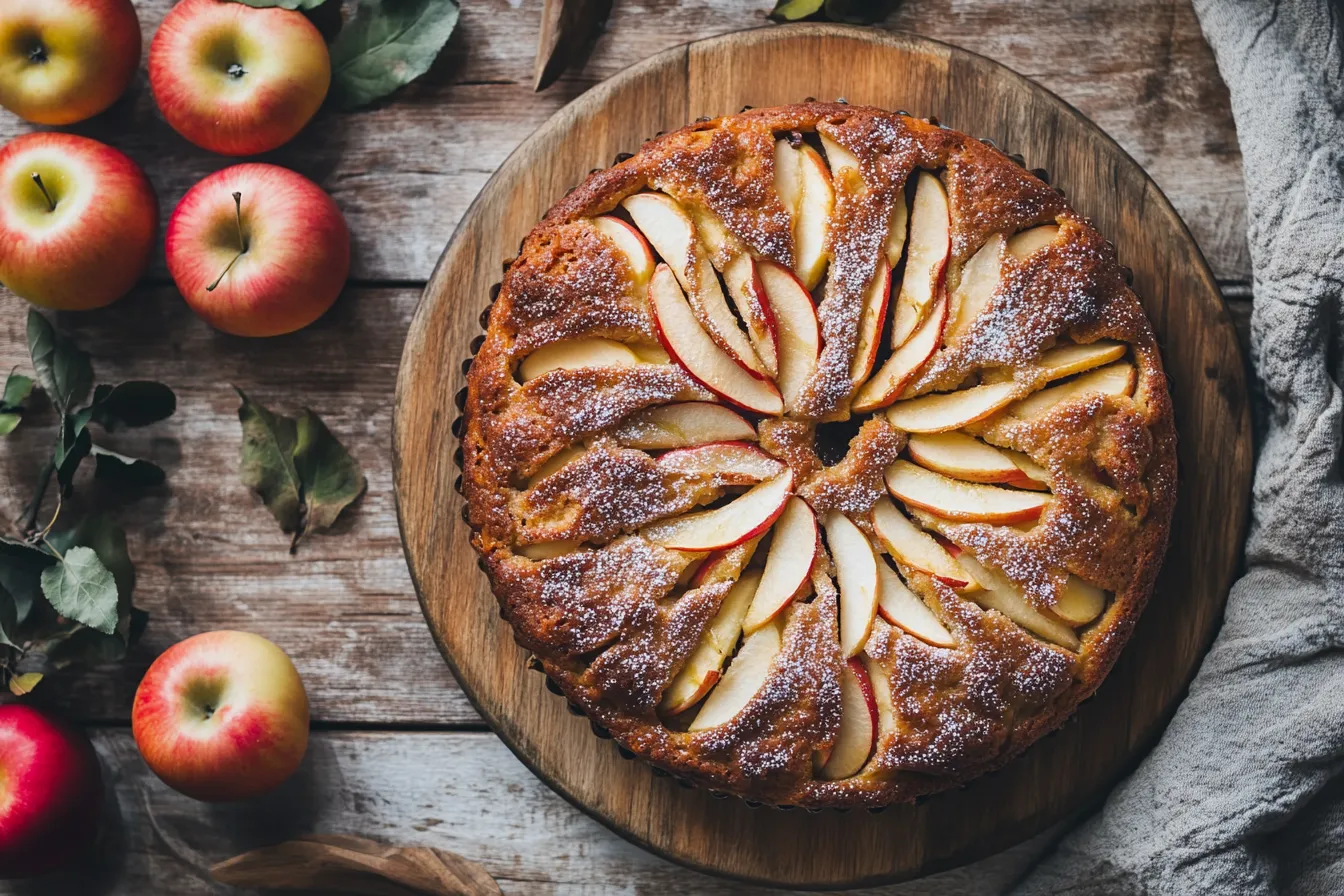 Veganer Apfelkuchen auf Holzbrett mit Apfelscheiben