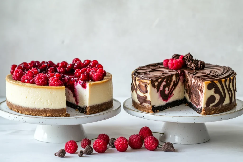 Zwei Varianten: Beeren-Käsekuchen und Schokoladen-Käsekuchen
