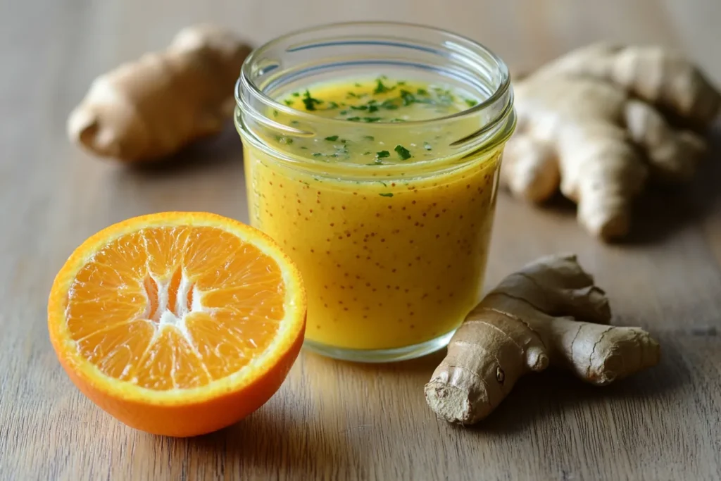 Kleines Glas mit selbstgemachtem Orangen-Ingwer-Dressing