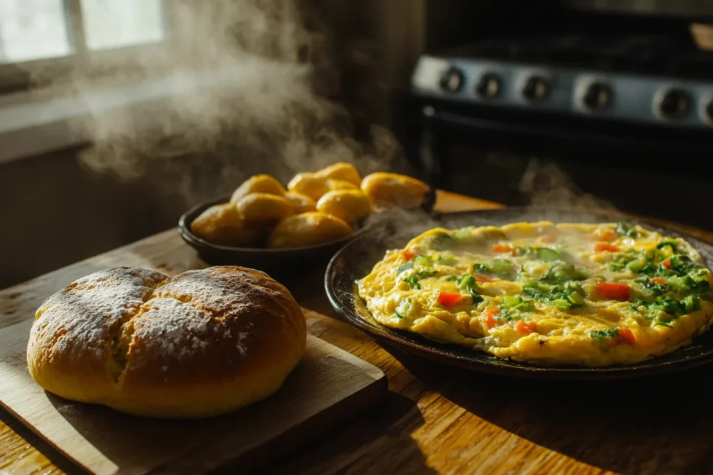 Frühstücksmuffins, Omelett und knusprige Brötchen auf einem Frühstückstisch