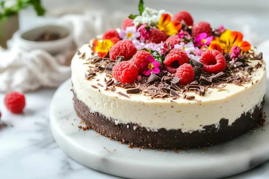 No Bake Cheesecake dekoriert mit Schokoraspeln und Himbeeren