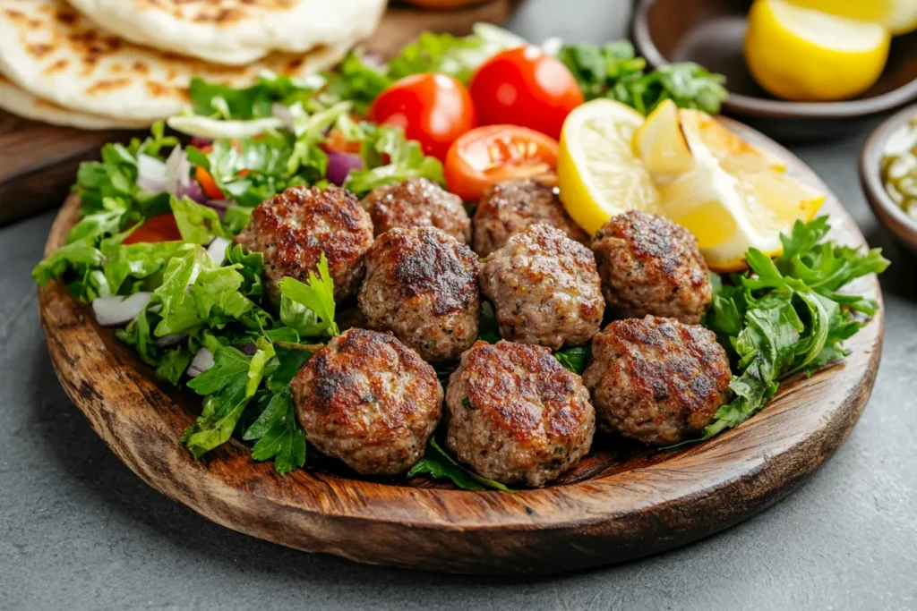Türkische Köfte gegrillt mit Salat und Fladenbrot