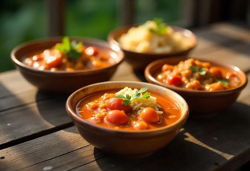 Drei Schalen mit ungarischem, Wiener und Szegediner Gulasch