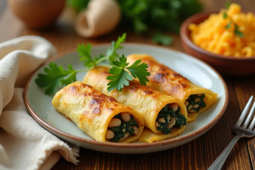 Herzhafte Pfannkuchen mit Pilz-Spinat-Füllung auf einem Teller