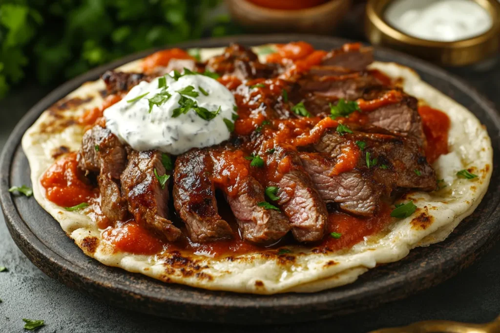 Iskender Kebap angerichtet mit Joghurt und Tomatensoße
