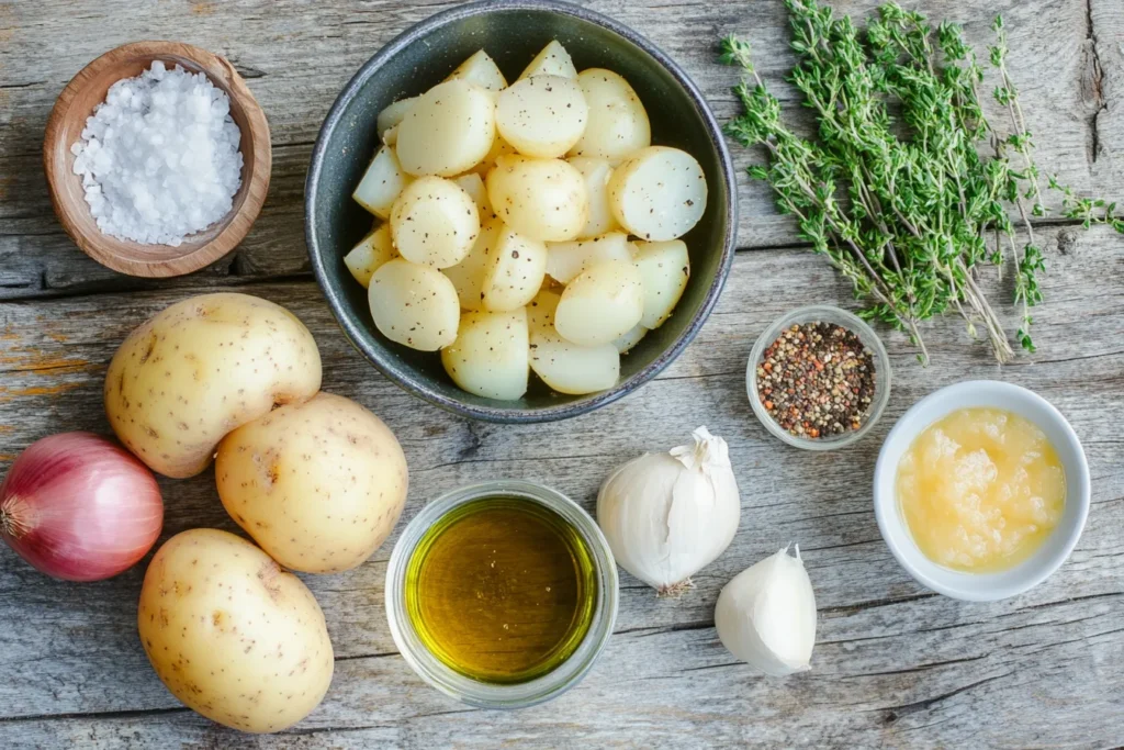 Zutaten für klassischen Kartoffelsalat auf einem Holztisch
