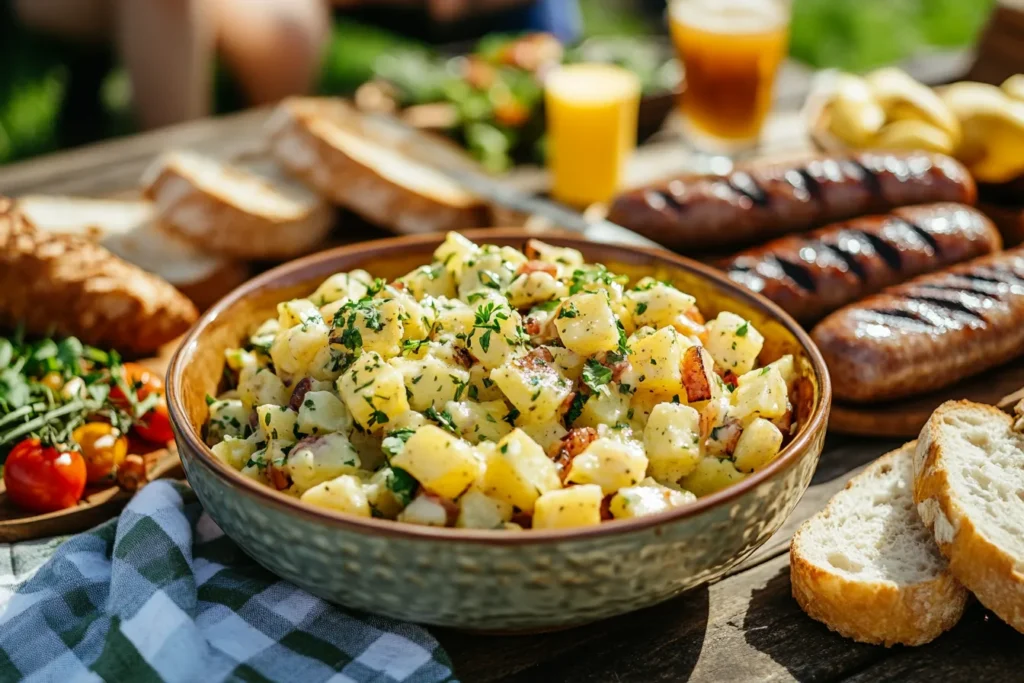 Kartoffelsalat auf einem Gartentisch bei einer Grillparty