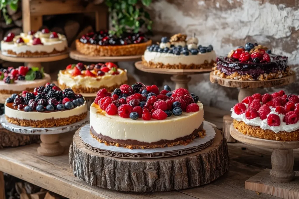 Mehrere Käsekuchenvarianten auf einem Buffet angerichtet