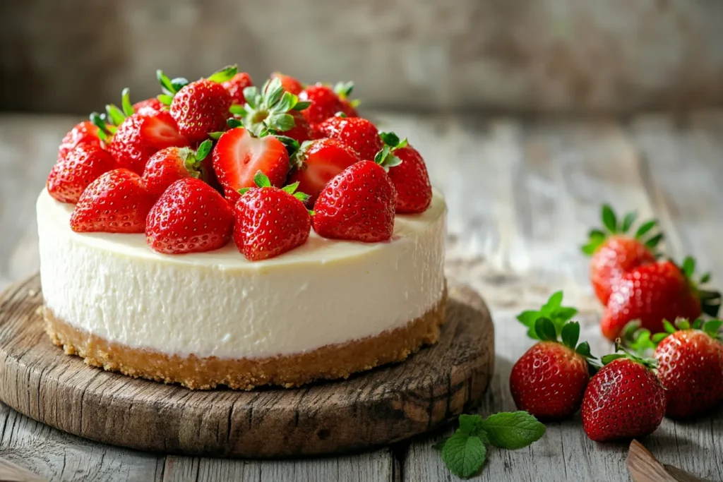 Sommerlicher Käsekuchen mit frischen Erdbeeren dekoriert