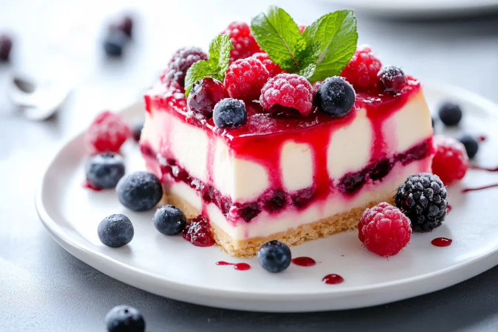 Käsekuchenstück mit Beeren und Sahne dekoriert