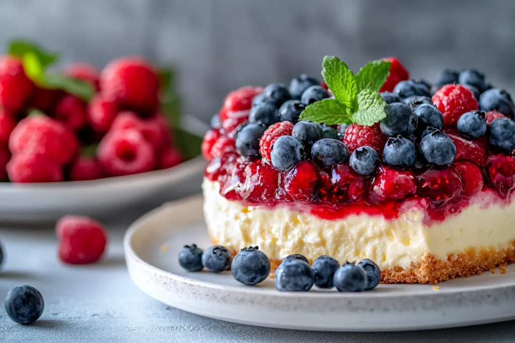 Käsekuchen mit Beeren und Sahne serviert