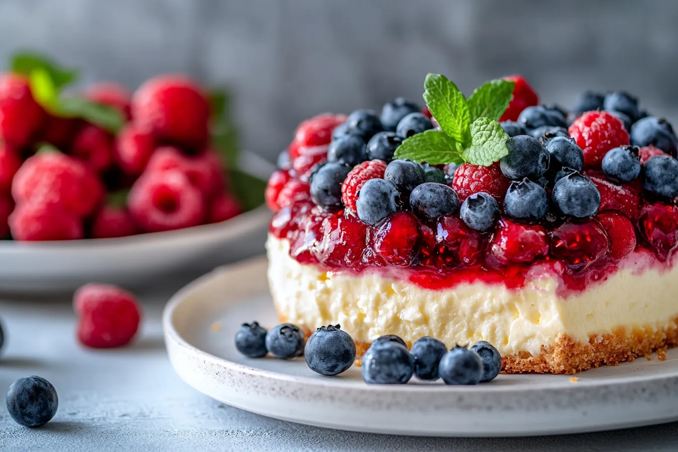 Käsekuchen mit Beeren und Sahne serviert