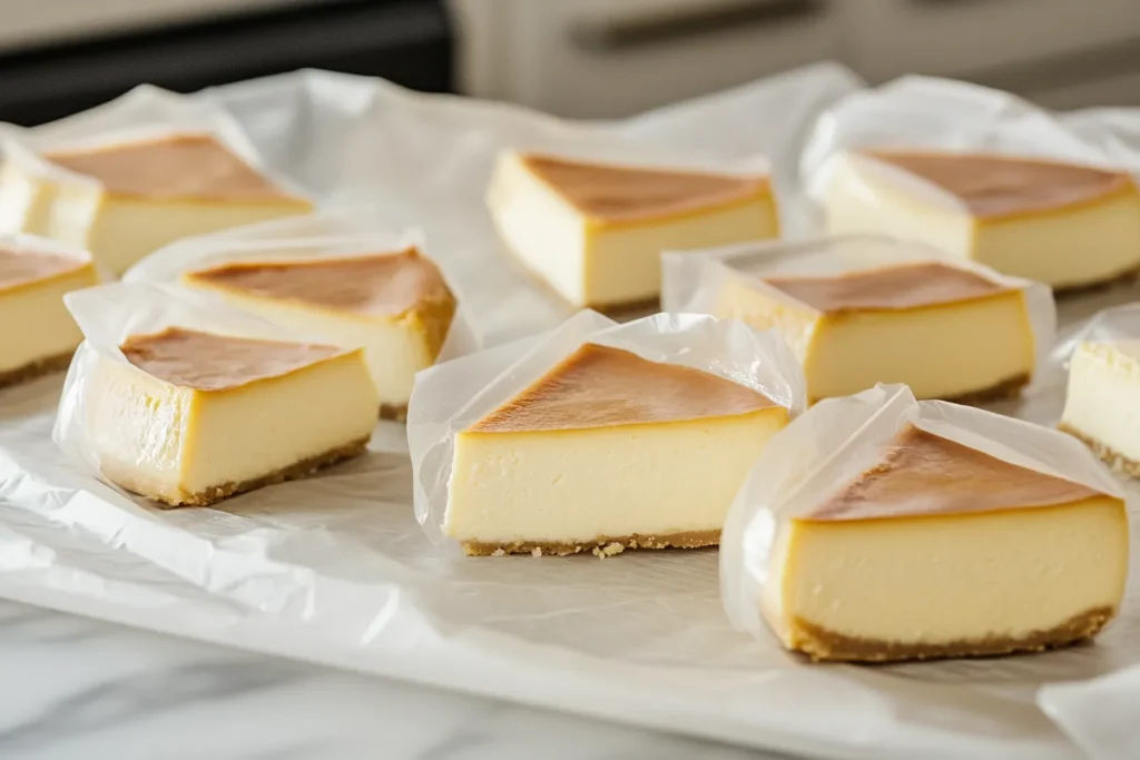 Käsekuchen in Stücke geschnitten und einzeln verpackt