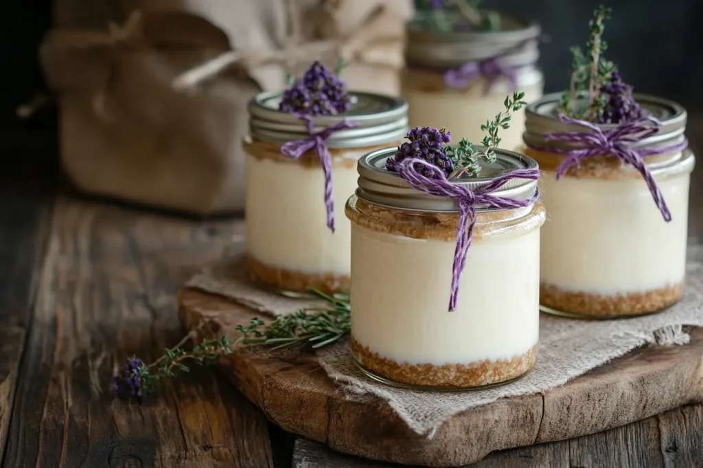 Kleine Gläser mit Käsekuchen, dekorativ verpackt