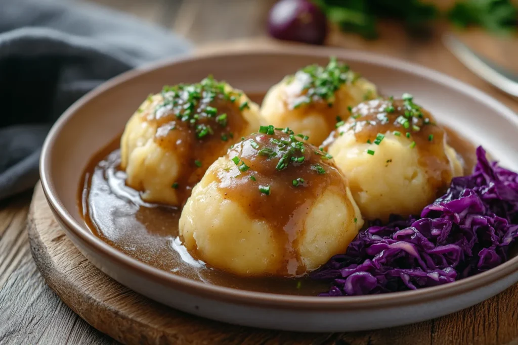 Kartoffelklöße mit Soße und Blaukraut